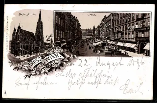 Lithographie Wien, Strassenpartie am Graben, Stefanskirche
