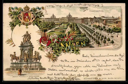 Lithographie Wien, Maria Theresia-Monument und Franzenspring
