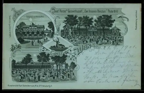 Mondschein-Lithographie Wien, Gasthaus Zum braunen Hirschen Prater No. 6, Eingang von der Haupthalle, Garten