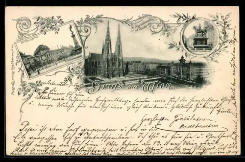 AK Wien, K. k. Universität, Maximiliansplatz mit Votivkirche, Radetzky-Denkmal
