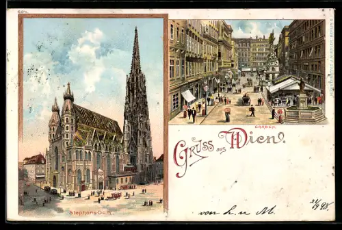 Lithographie Wien, Stephans-Dom, Graben mit Brunnen