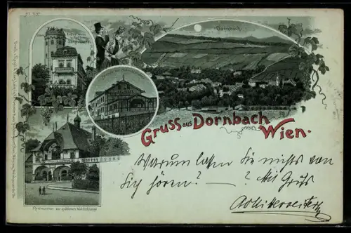 Mondschein-Lithographie Wien, Dornbach, Gasthaus Heuriger zur Himmelmutter, Restaurant u. Cafe Sängerwarte