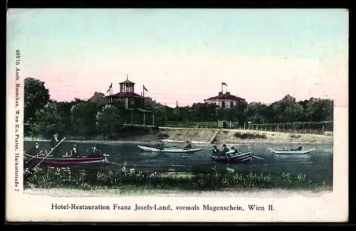 AK Wien, Hotel-Restauration Franz Josefs-Land vormals Magenschein mit Booten