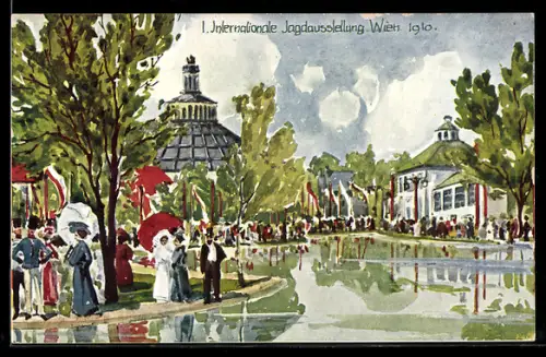 Künstler-AK Wien, 1. Intern. Jagd-Ausstellung 1910, belebte Szene