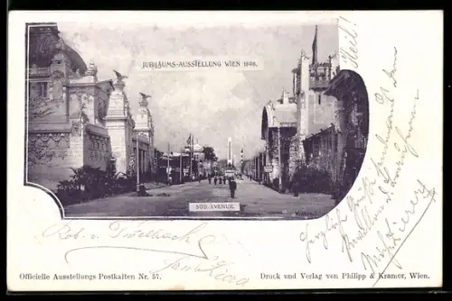 AK Wien, Jubiläums-Ausstellung 1898, Süd-Avenue mit Leuten, gerahmte Ansicht