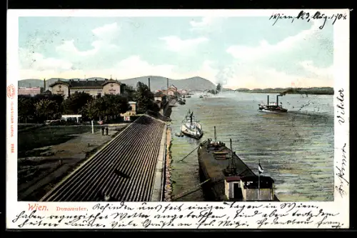 AK Wien, Donauufer mit Raddampfer
