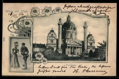 AK Wien, Karlskirche und Paar elegant gekleidet