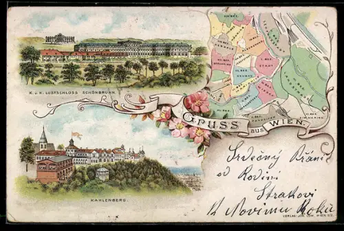 Lithographie Wien, K. u. K. Lustschloss Schönbrunn, Kahlberg, Landkarte