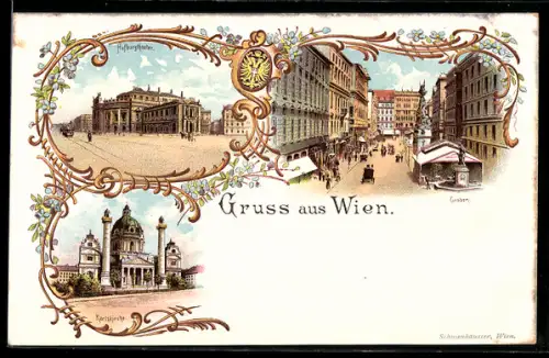Lithographie Wien I, Graben, Hofburgtheater, Karlskirche