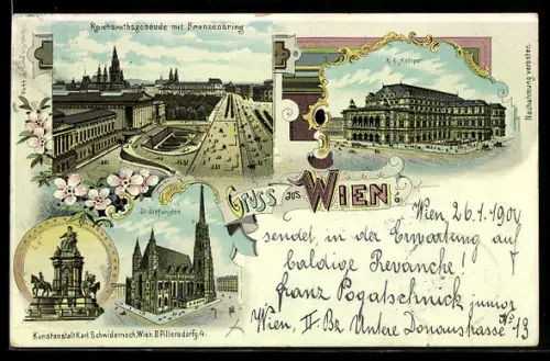 Lithographie Wien, Reichsrathsgebäude mit Franzensring, K. K. Hofoper