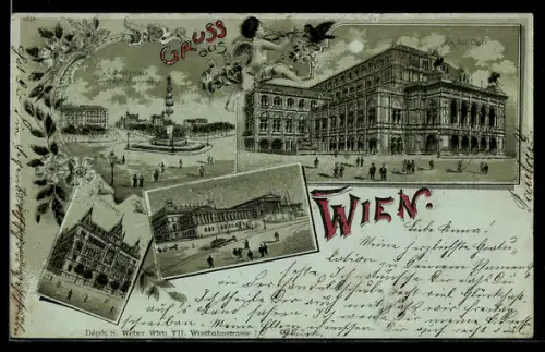 Mondschein-Lithographie Wien, K. k. Hof-Oper, Praterstern mit Tegetthoff-Monument, Reichsratsgebäude