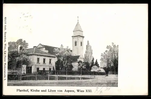 AK Wien-Aspern, Pfarrhof mit Kirche und Löwe