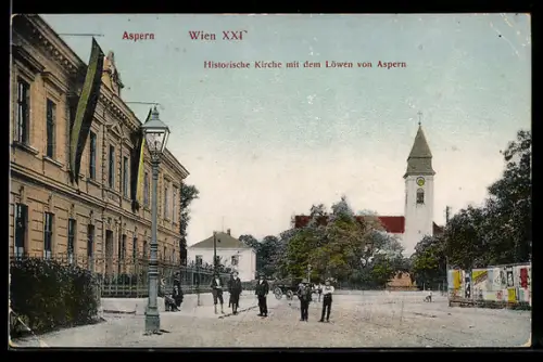 AK Wien-Aspern, historische Kirche mit dem Löwen