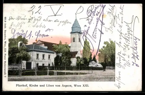 AK Wien-Aspern, Pfarrhof mit Kirche und Löwe