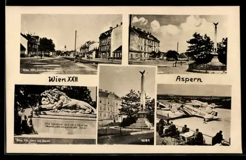 AK Wien, Aspern, Siegesplatz, Denkmal, Flughafen mit Flugzeugen u. 