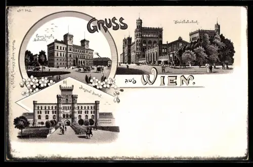 Lithographie Wien, Nordbahnhof, Franz Josefs Bahnhof, Arsenal Portal