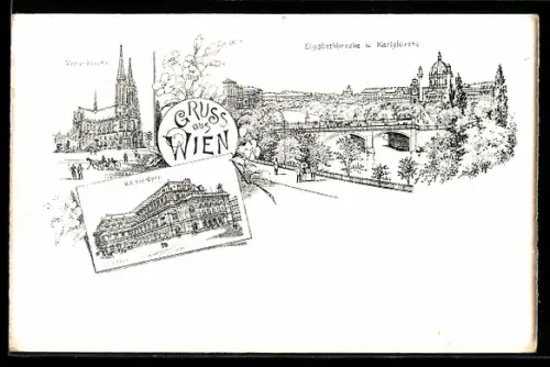 Lithographie Wien, Votiv-Kirche, K. k. Hof-Oper, Elisabethbrücke und Karlskirche
