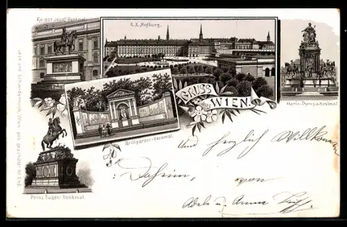 Lithographie Wien, K. k. Hofburg, Grillparzer-Denkmal, Prinz Eugen-Denkmal