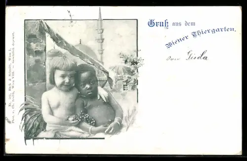 AK Wien, Wiener Thiergarten, Afrikanisches und Europäisches Kind