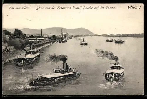 AK Wien, Kommunalbad, Blick von der Kronprinz Rudolf-Brücke auf die Donau