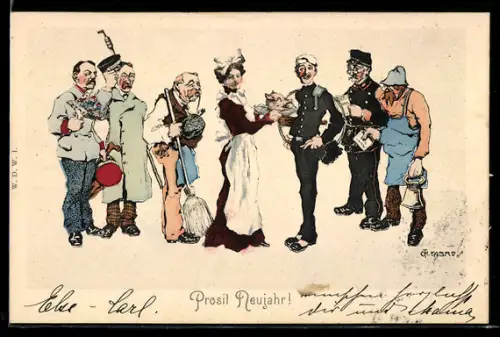Künstler-Lithographie Wien, Prosit Naujahr!, Dienstmädchen serviert Schweinekopf, Schornsteinfeger und andere Typen