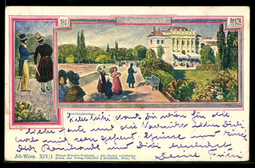 Lithographie Alt-Wien, Paradiesgärtchen, Parkpartie mit zwei Herren