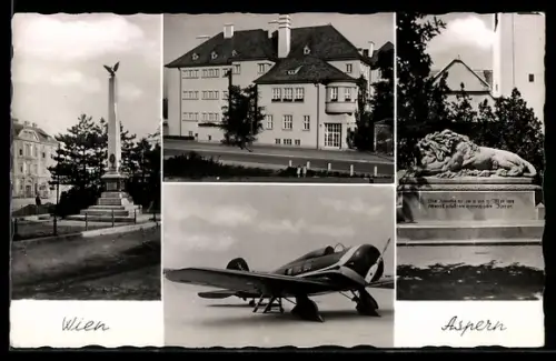 AK Wien-Aspern, Kriegerdenkmal, Propeller-Flugzeug, Gebäudeansicht, sterbender Löwe