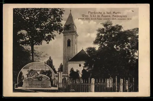 AK Wien, Pfarrkirche z. heil. Martin, Aspern, Heldenplatz, Löwe