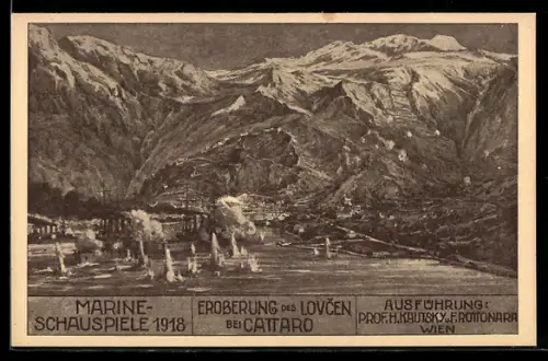 Künstler-AK Wien, Marine-Schauspiele 1918, Eroberung des Lovcen bei Cattaro