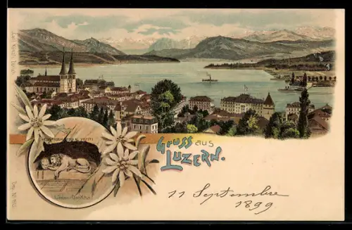 Lithographie Luzern, Ortsansicht aus der Vogelschau, Löwen-Denkmal, Edelweiss