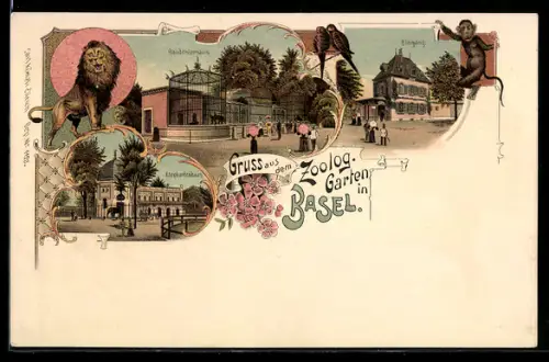 Lithographie Basel, Zoologischer Garten, Eingang, Raubtierhaus, Elefantenhaus
