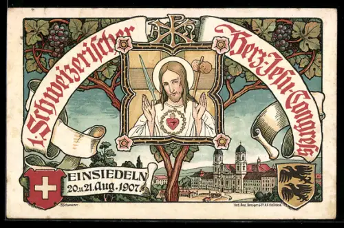 Künstler-AK Einsiedeln, Schweizerischer Herz-Jesu-Congress 1907, Kloster