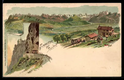 Lithographie Saléve, Ortsanansicht, Bergbahn vorm Tunnel