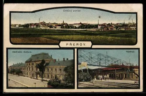 AK Prerov, Nádrazi /Bahnhof, Nádrazni budova, Celkovy pohled