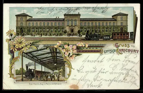 Lithographie Deutsch-Avricourt, Bahnhofsgebäude, franz. Zug von Paris fährt ein