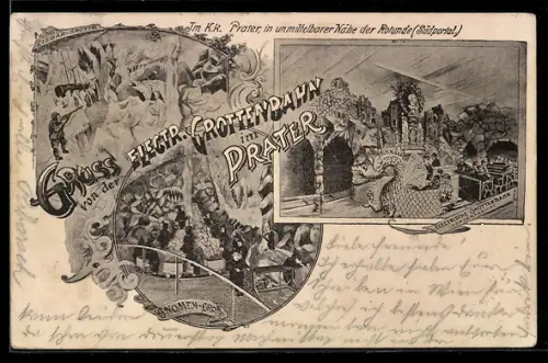 Lithographie Wien, Wiener Prater, Jantschtheater, PoWiener Prater, Electrische Grottenbahn, Gnomen-Grotte, Eisbär-Grotte