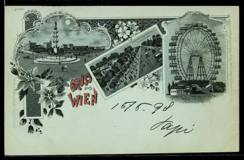 Mondschein-Lithographie Wien, Praterstern, Riesenrad, Ausstellungsstrasse im Prater