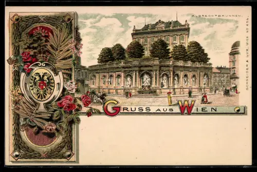 Lithographie Wien, Partie am Albrechtbrunnen und Wappen