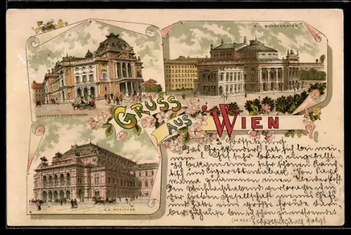 Lithographie Wien, Burgtheater, Deutsches Volkstheater und K. k. Hofoper