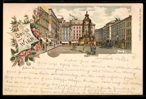 Lithographie Wien, Hoher Markt mit Pferdekutsche und Denkmal
