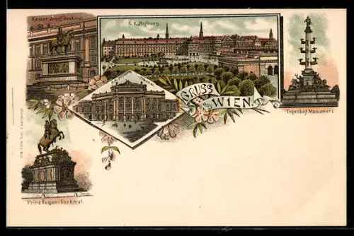 Lithographie Wien, Tegetthof Monument, Prinz Eugen-Denkmal, Kaiser Josef-Denkmal, Hofburg