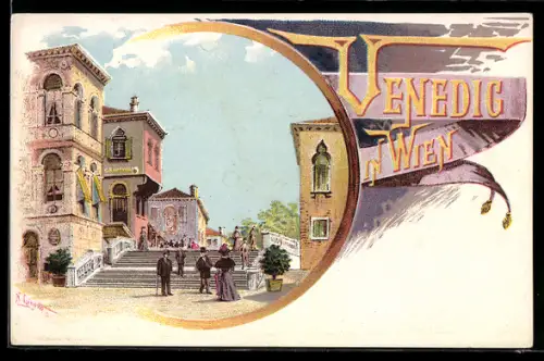 Lithographie Wien, Ausstellung und Themenpark Venedig in Wien, Besucher an einer Treppe