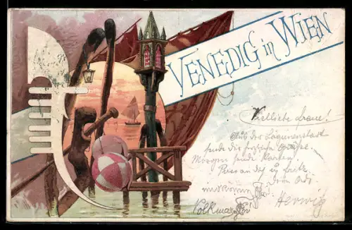 Lithographie Wien, Venedig in Wien Ausstellung 1896, Gondel, Fender