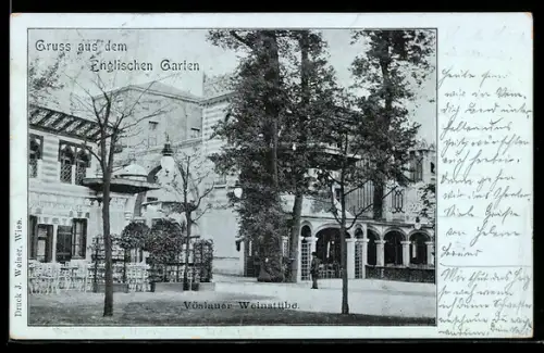 AK Wien, Englischer Garten, Gasthaus Vöslauer Weinstube, Vorderansicht