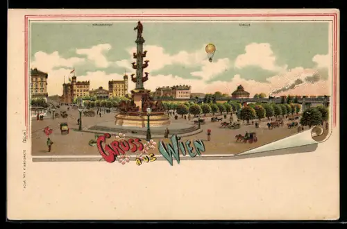 Lithographie Wien, Nordbahnhof, Circus, Heissluftballon
