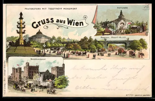 Lithographie Wien, Nordbahnhof, Praterstern mit Tegetthoff-Monument, Rotunde, Pferdekutsche