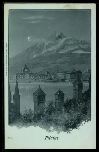 Mondschein-AK Luzern, Pilatus, Berg mit Gesicht im Vollmondlicht, Berggesichter