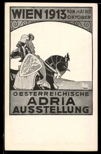 AK Wien, Österreich. Adria Ausstellung, berittener Ritter bringt Meerjungfrau zurück zum Meer