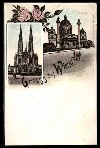 Lithographie Wien, Votivkirche, Karlskirche