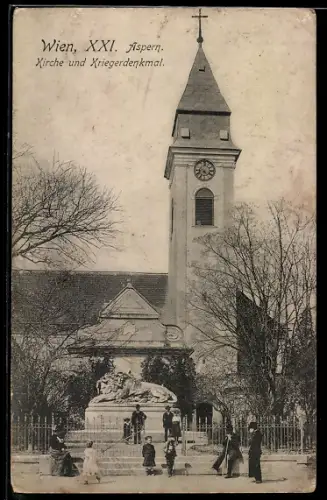AK Wien, Aspern, Kirche und Kriegerdenkmal